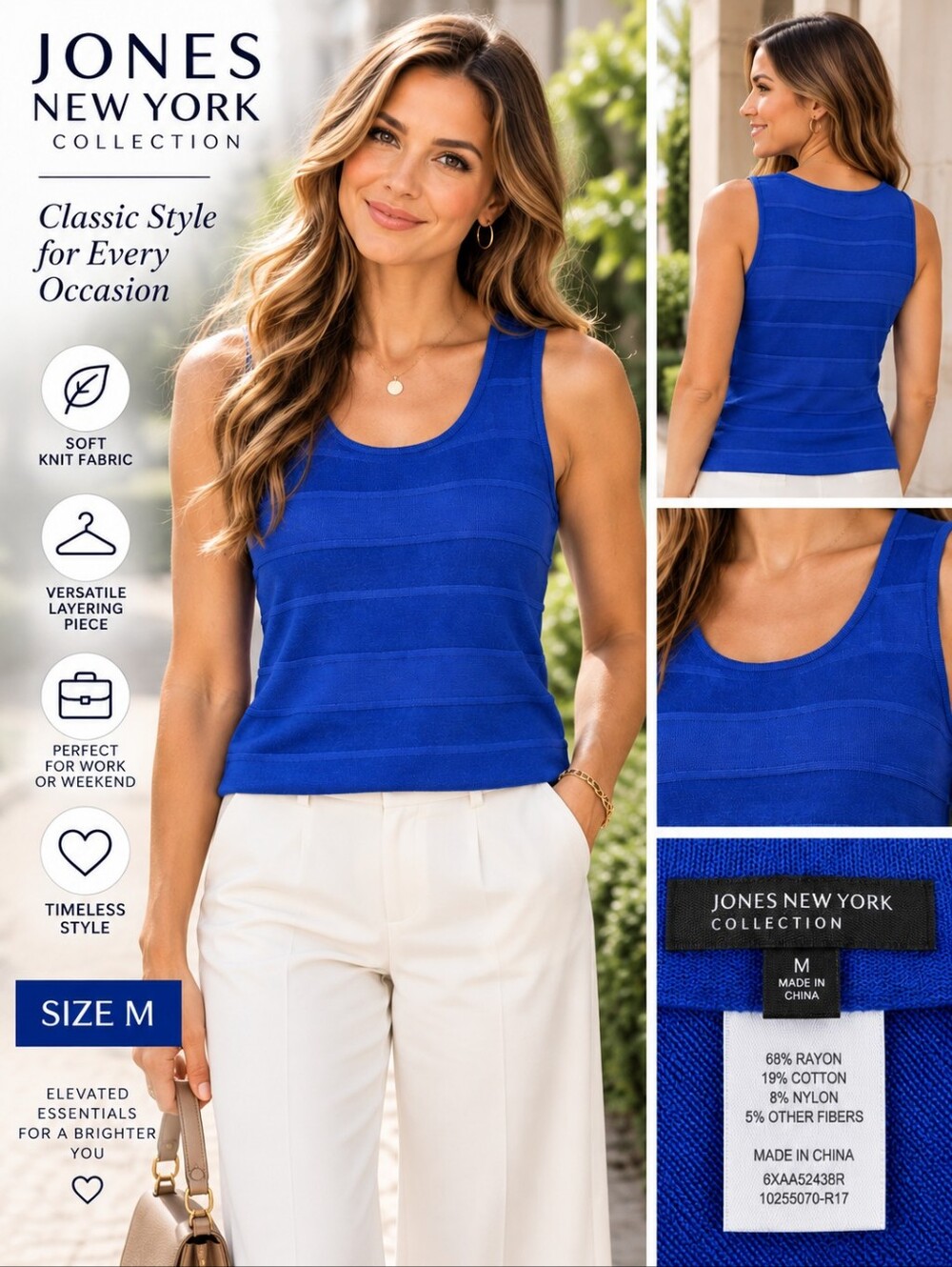 Jones New York Collection Blue Textured Knit Tank Top Medium Sleeveless
